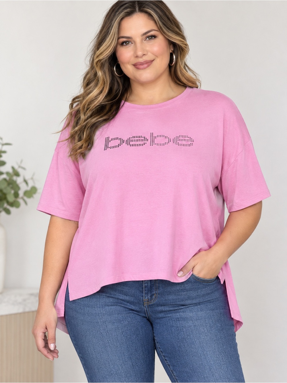 Bebe Sport Rainbow Dot Logo Tee Pink Size 1X New